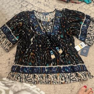 Democracy – Bohemian Patterned Women's Top with beaded tassels size small